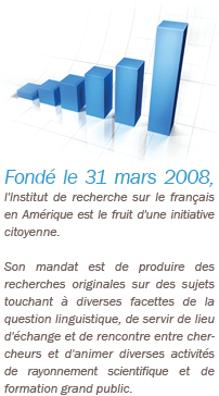 Fondé le 31 mars 2008, l'Institut de recherche sur le français en Amérique est le fruit d'une initiative citoyenne. Son mandat est de produire des recherches originales sur des sujets touchant à diverses facettes de la question linguistique, de servir de lieu d'échange et de rencontre entre chercheurs et d'animer diverses activités de rayonnement scientifique et de formation grand public.